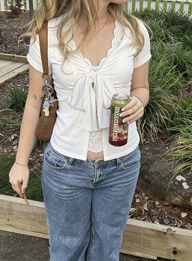 Purely sexy lace-up bow top美式辣妹风蕾丝拼接假两件短袖T恤女