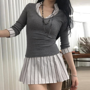 Neck Cinched Pleated Dress 条纹V领收腰褶皱短裙 Mini Stripe