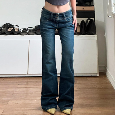 宽腰头排扣修身显瘦洗水显瘦牛仔