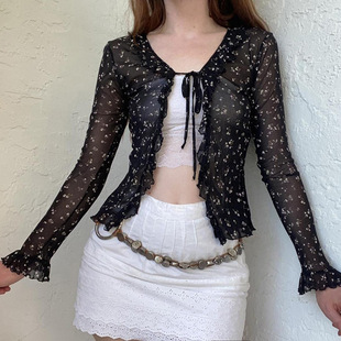 Tie Floral Sheer Cardigan 碎花系带薄款 Neck 微透V领开衫