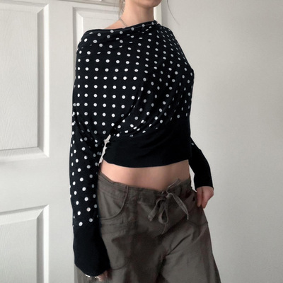 欧美辣妹风秋季波点印花长袖T恤