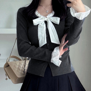 Contrast Neck 蝴蝶结撞色V领T恤 Sleeve Bow Long Tee French