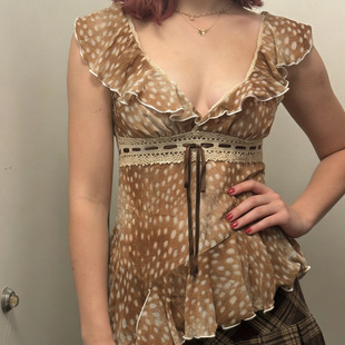 Print Animal Neck Tee 春季 Ruffle 小众动物印花V领荷叶边T恤