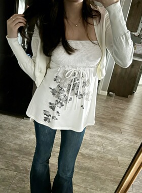 Age-defying casual fitted top花卉印花气质少女A摆减龄休闲上衣