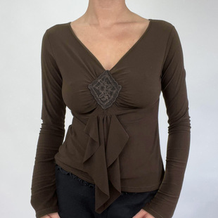 Pleated Neck 棕色褶皱V领长袖 Sleeve Brown Long Tee T恤