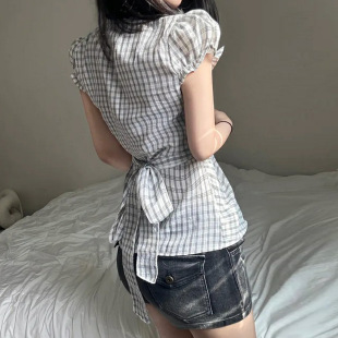 Plaid Twist Tie 扭结绑带短袖 Sleeve French Short Shirt 衬衫