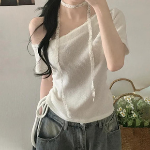 T恤 Sleeve Shoulder Lace Tee Drawstring 斜肩抽绳花边短袖