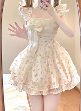 甜辣妹碎花连衣裙女小个子夏收腰蓬蓬裙法式初恋蝴蝶结公主蛋糕裙
