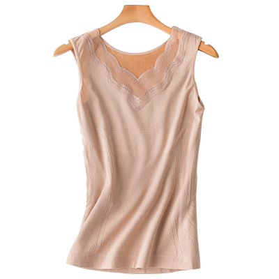 加绒蕾丝花边v领背心保暖打底衫