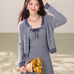 韩系chic别致两件套早秋复古针织收腰毛衣百褶裙套装麻花针织开衫