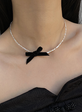 金属丝带锁骨链女黑色蝴蝶结项链
