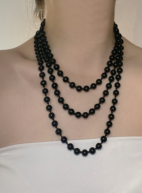 珍珠串珠女黑色长款项链颈链