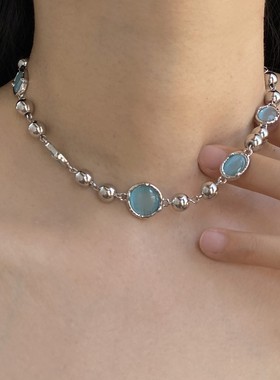金属拼接女蓝色月光石项链颈链