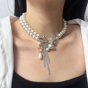 甜酷小众设计感珍珠蜘蛛流苏吊坠项链女轻奢感多层叠戴锁骨链