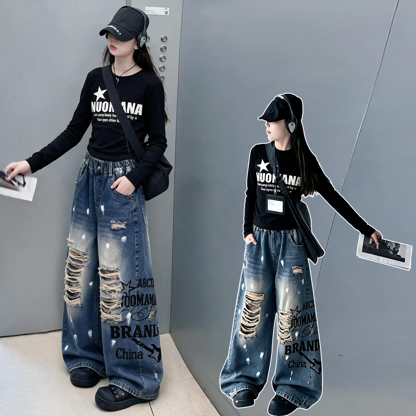 女童套装春秋款2026新款韩版洋气女孩破洞牛仔裤中大童休闲两件套