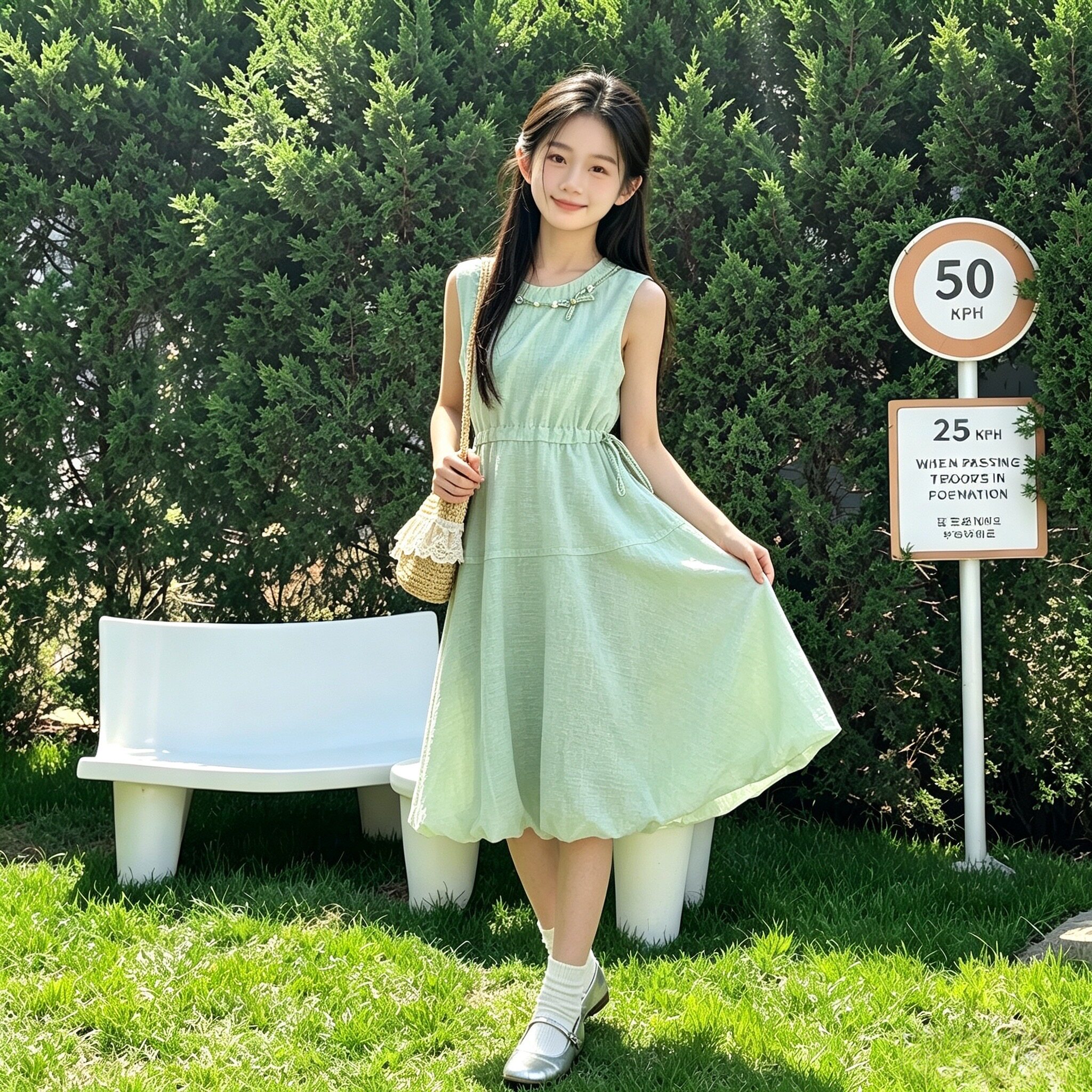女童夏季薄荷绿甜美收腰连衣裙