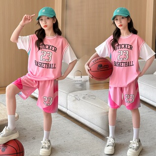 宽松速干薄款 女童夏季 短裤 粉嫩运动风女孩23号球衣短袖 篮球服套装