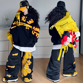 嘻哈风2026新款 中大童卫衣帽衫 女童两件套冬季 宽松大LOGO街舞套装