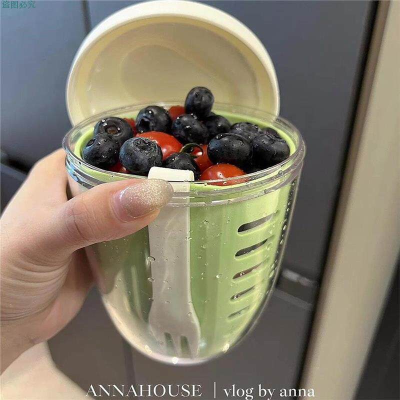 沥水带叉子便携式水果盒高颜值保鲜盒透明分格上班族外带学生专用