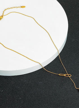 抽拉流苏转运珠小圆球18K金球项链女钛钢个性百搭可调节锁骨链