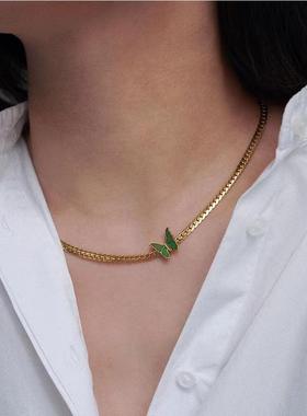 绿色蝴蝶复古锁骨链18k金钛钢蛇骨链ins高级感轻奢小众设计项链女
