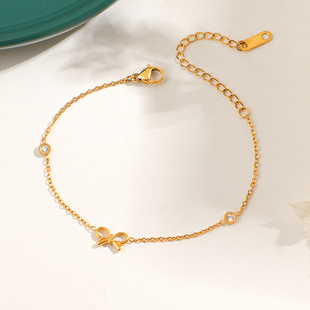 钛钢时尚 百搭高级感 小巧精致蝴蝶结白钻手链女欧美镀18K金新款