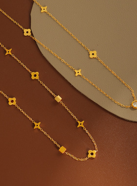 钛钢不掉色四叶花小方块轻奢高级感气质女款锁骨链百搭时尚项链