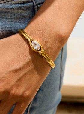 欧美不锈钢锆石开口手镯轻奢高级