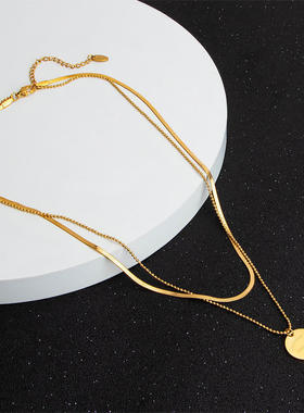 欧美新款冷淡风镀18k金双层蛇骨链钛钢锁骨链百搭叠戴圆牌项链女