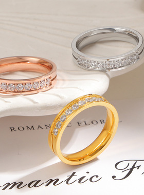 跨境新款钛钢镶钻戒指镀18K金