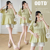 夏装 夏季 大码 怀孕期衬衫 小清新上衣 宽松显瘦甜美温柔娃娃衫 孕妇装