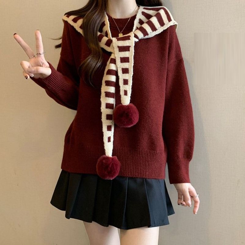 春秋披肩条纹安可拉红色新年毛衣慵懒风新款两件套海军领针织上衣