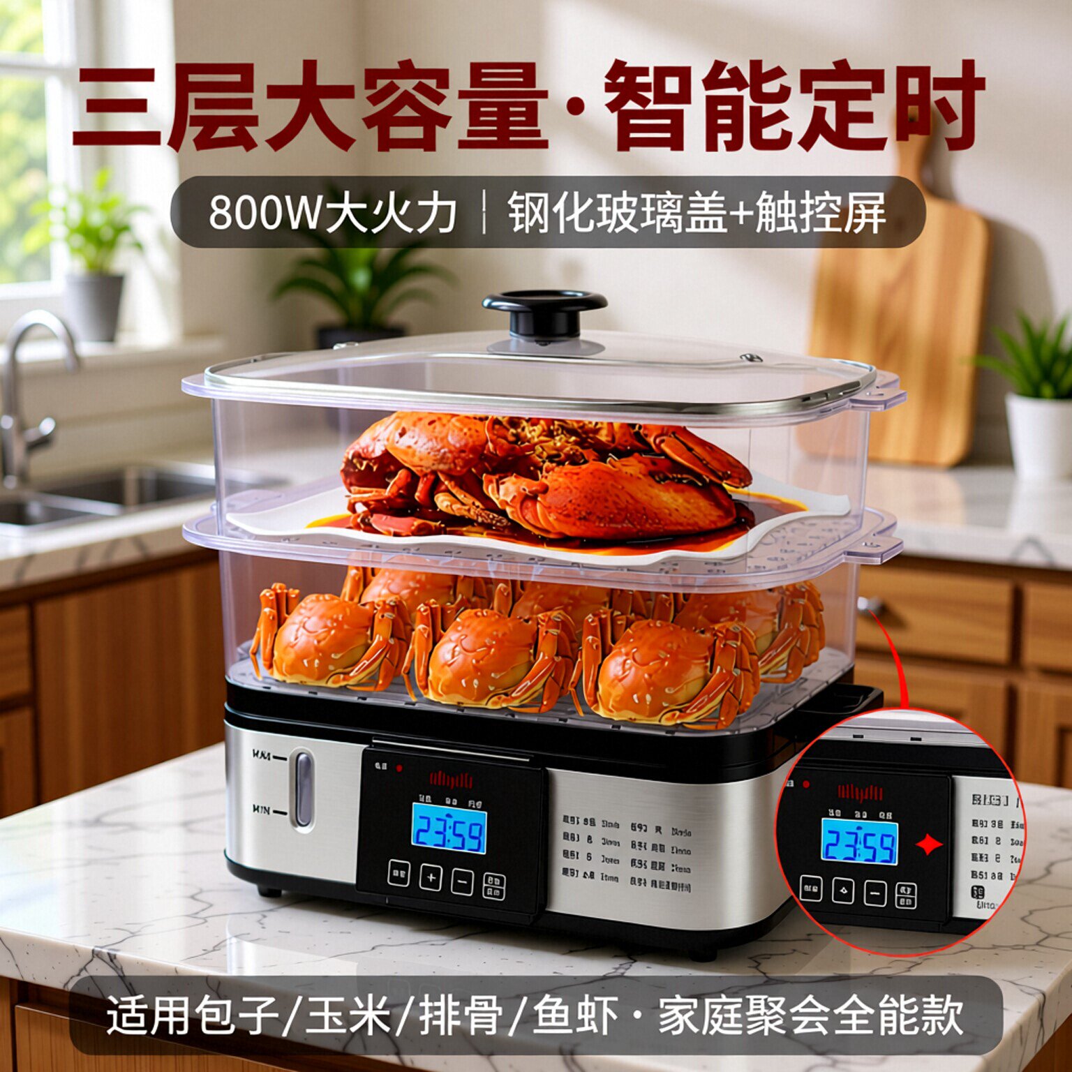 艾格丽电蒸锅家用多功能大容量三层智能定时电蒸笼全自动晚早餐机