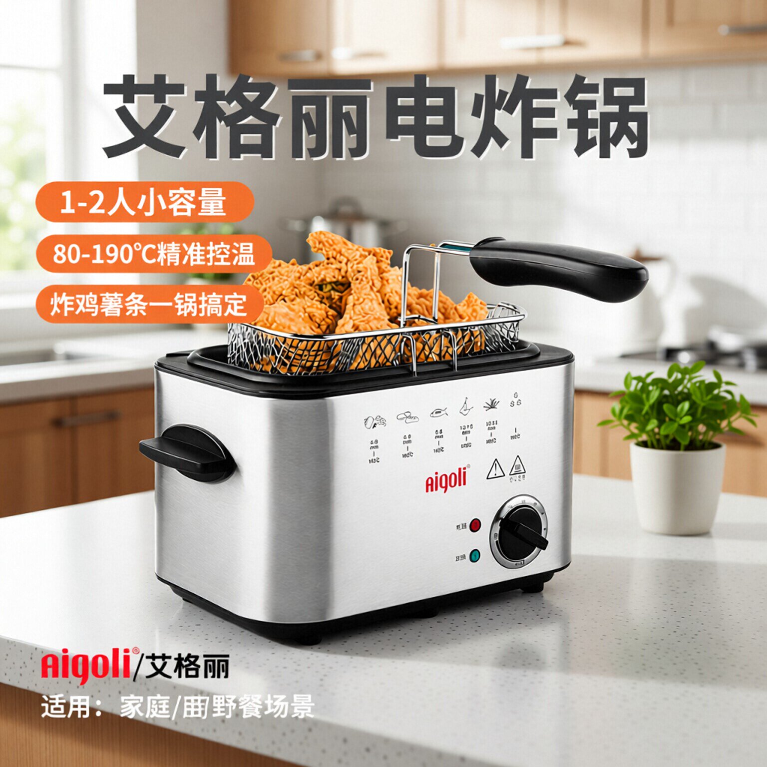艾格丽电炸锅家用小炸锅迷你炸炉多功能油炸商用小容量油炸锅控温