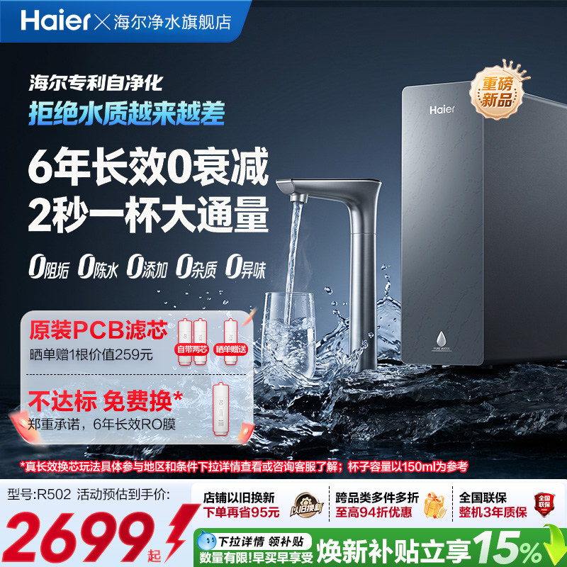 海尔净水器鲜活水自净化家用直饮长效反渗透1400G净饮机P5-502