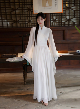 新中式交领女装日常改良白色禅服女茶服春秋国风连衣裙女秋长袖