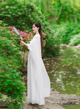 春夏新款新中式白色披肩连衣裙国风女装演出服琵琶演奏服装