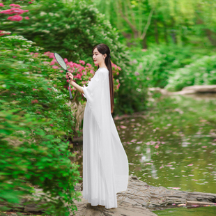 春夏新款新中式白色披肩连衣裙国风女装演出服琵琶演奏服装