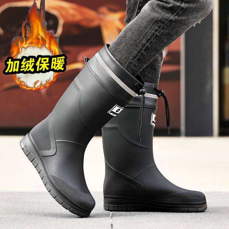 加绒保暖中筒雨鞋男骑手防水防滑防臭耐磨时尚外穿束口雨靴钓鱼鞋