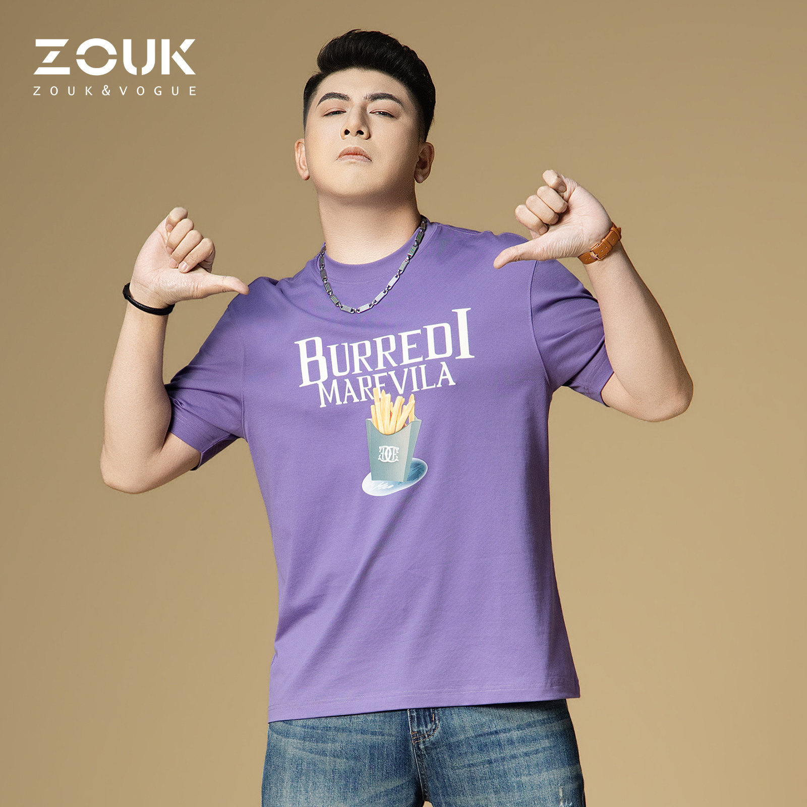 ZOUK男士高端t恤字母印花薯条潮牌短袖男款2026新款夏季宽松上衣