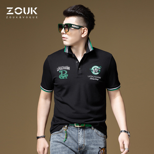 ZOUK欧美潮牌t恤男美式 男条纹翻领体恤夏 复古刺绣印花短袖 polo衫