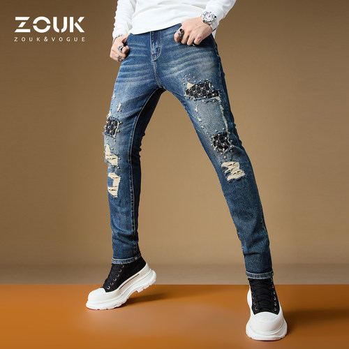 zouk秋季铆钉装饰破洞牛仔裤