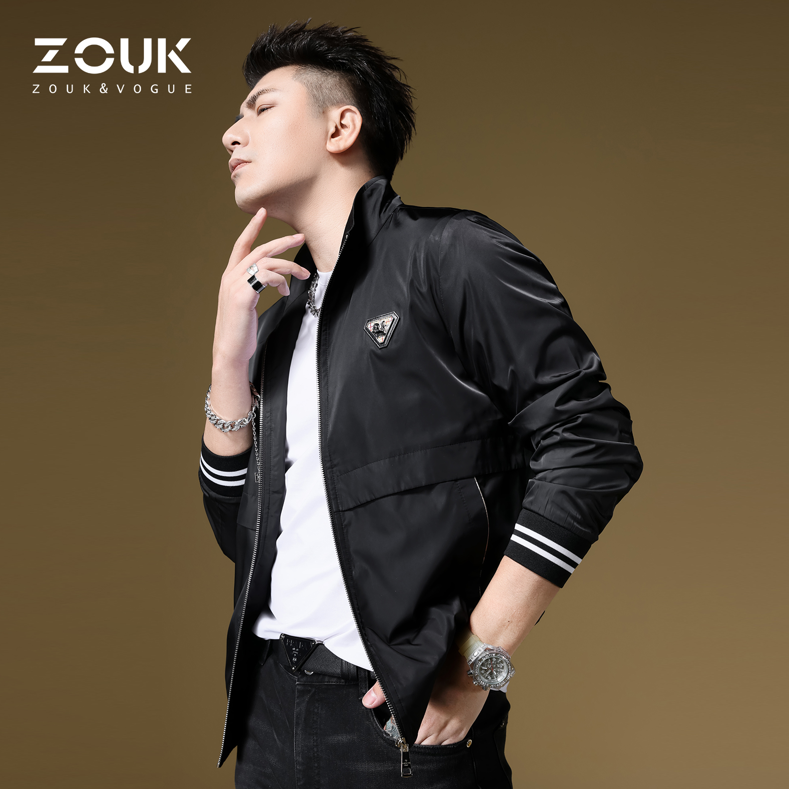 ZOUK欧洲站男装2023新款骑士胸标立领夹克男潮流百搭外套男春秋款