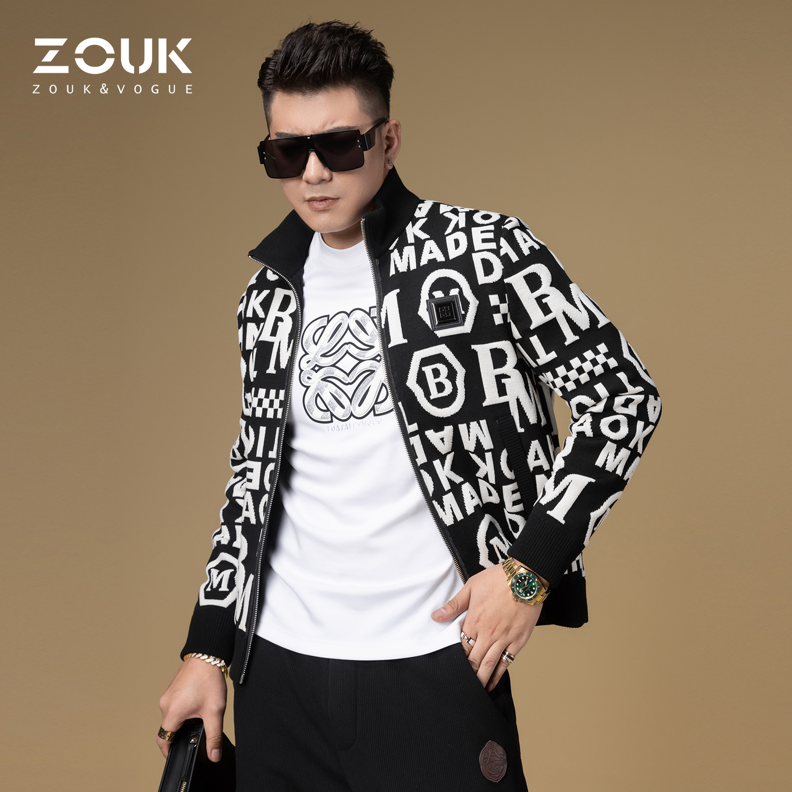 zouk金属质感字母胸标潮流夹克