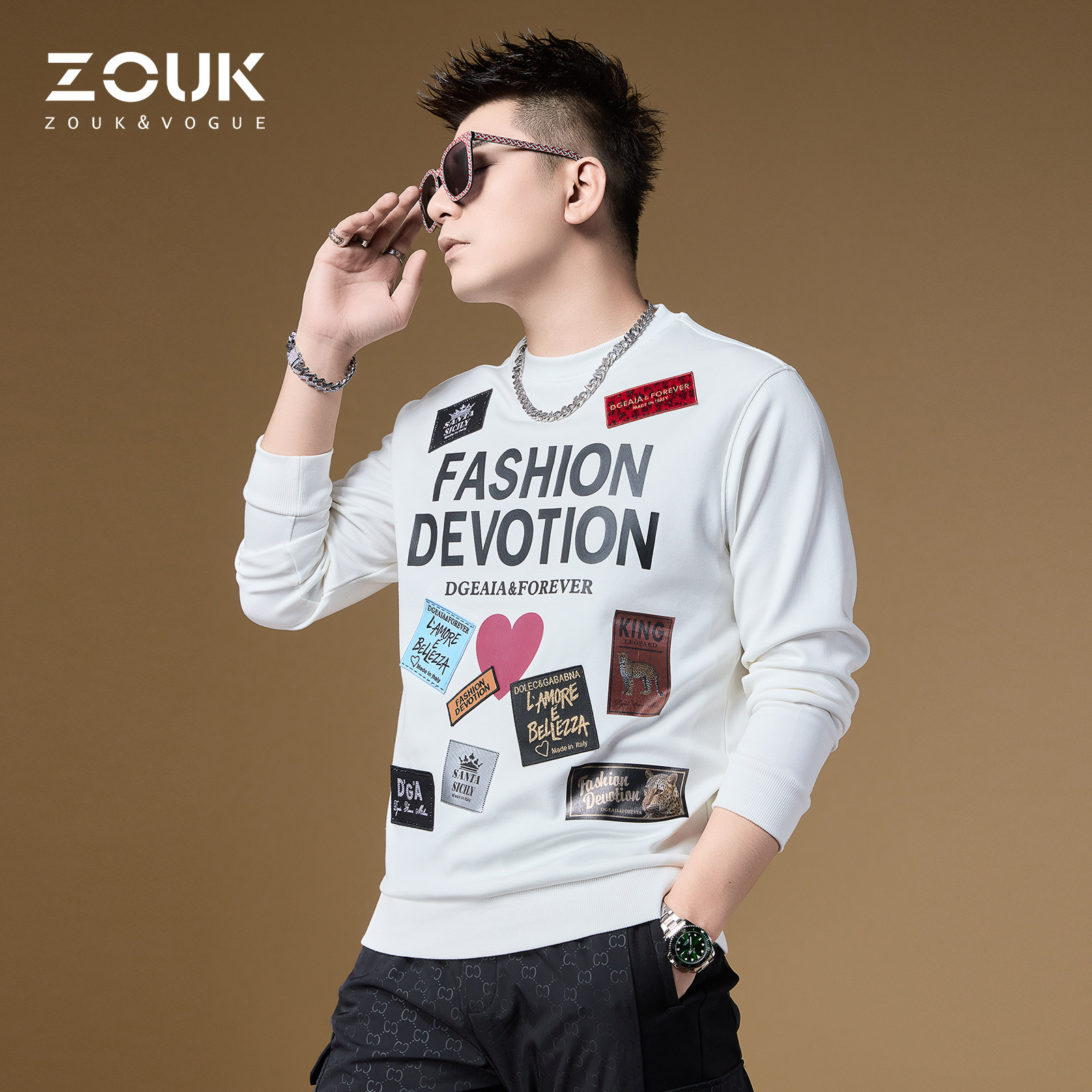 ZOUK字母贴花印花设计感卫衣男潮ins潮牌美式高街重磅圆领上衣秋