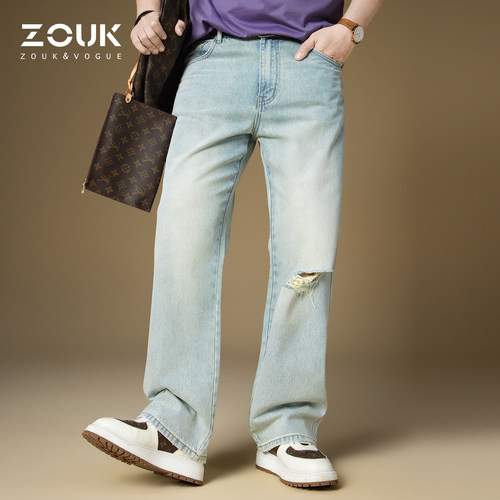 ZOUK浅色水洗破洞牛仔裤男款2026新款夏季薄款美式裤子男潮流百搭