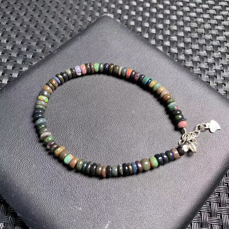 天然彩宝黑欧泊盘珠手链男女蛋白石水晶手串饰品礼物