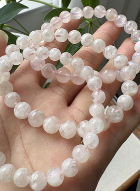 天然粉雪花幽灵手链单圈男女款白水晶手串饰品礼物圆珠