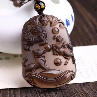 天然冰种黑曜石生肖三合贵人吊坠猪兔羊蛇鸡牛虎马狗猴鼠龙牌附证