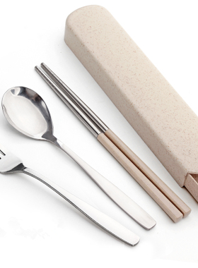 单人装不锈钢便携式餐具套装筷子三件套叉子勺子筷子盒学生收纳盒